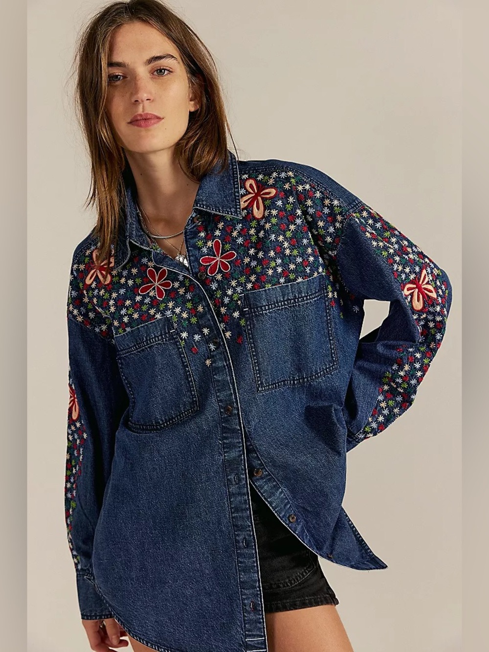 Free People Rainbow Embroidered Denim Shirt